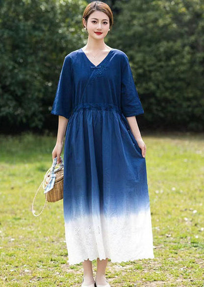 Blue Gradient V Neck Hollow Out Patchwork Linen Dress Summer