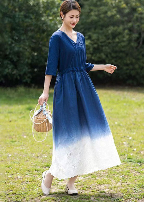 Blue Gradient V Neck Hollow Out Patchwork Linen Dress Summer