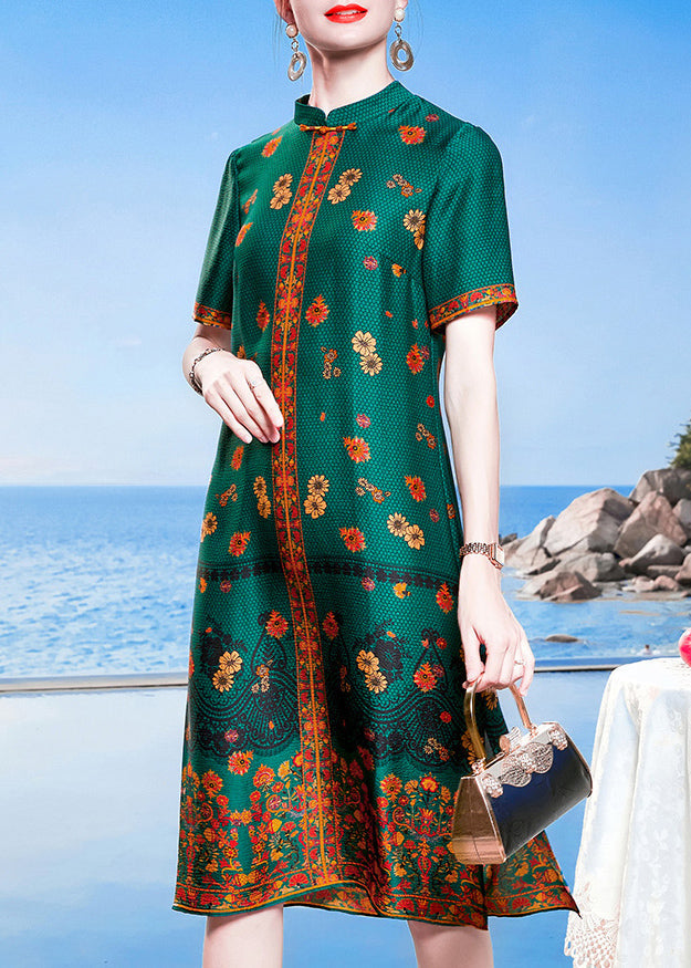 Blue Green Mandarin Collar Print Side Open Silk Cheongsam Dresses Short Sleeve