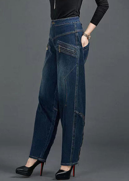Blue High Waist Flatering Zip Up Pockets Cotton Denim Pants Summer