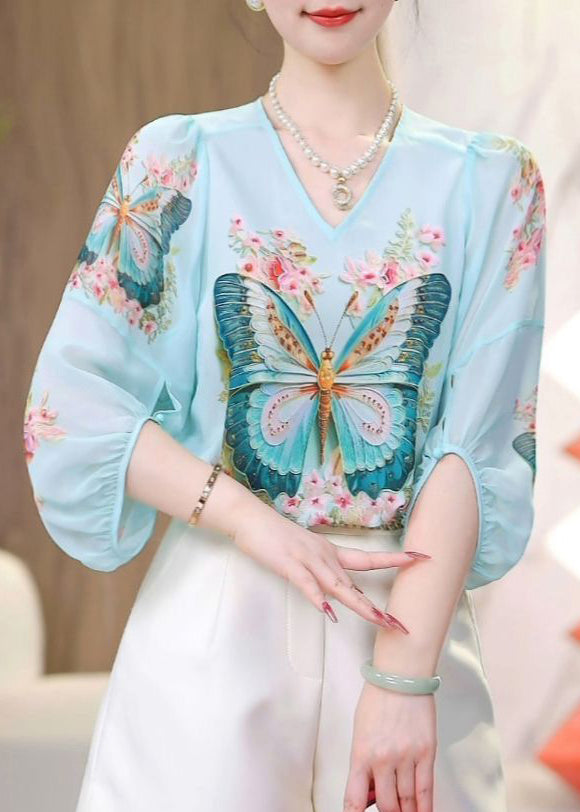 Bohemian Blue O-Neck Butterfly Print Chiffon Shirts Spring