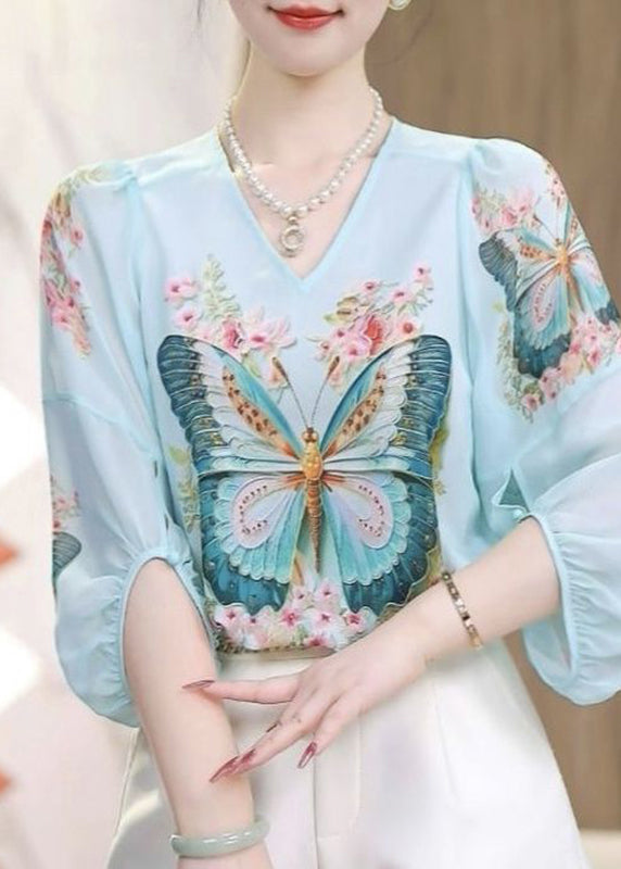 Bohemian Blue O-Neck Butterfly Print Chiffon Shirts Spring