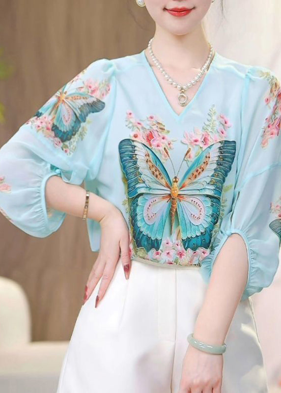 Blue O-neck Butterfly Print Chiffon Shirts Spring