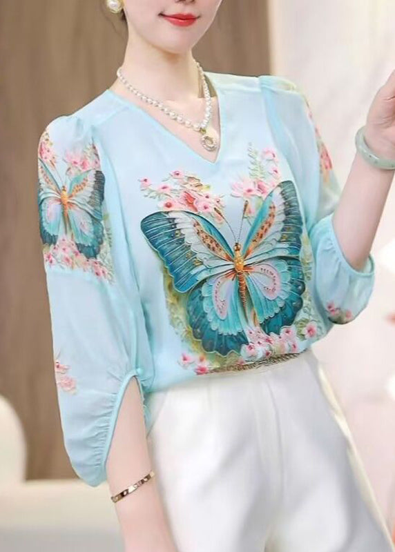 Bohemian Blue O-Neck Butterfly Print Chiffon Shirts Spring