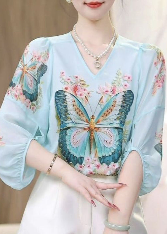 Blue O-neck Butterfly Print Chiffon Shirts Spring