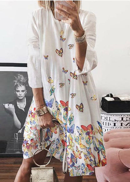 Blue O Neck Butterfly Print Cotton Mid Dress Summer
