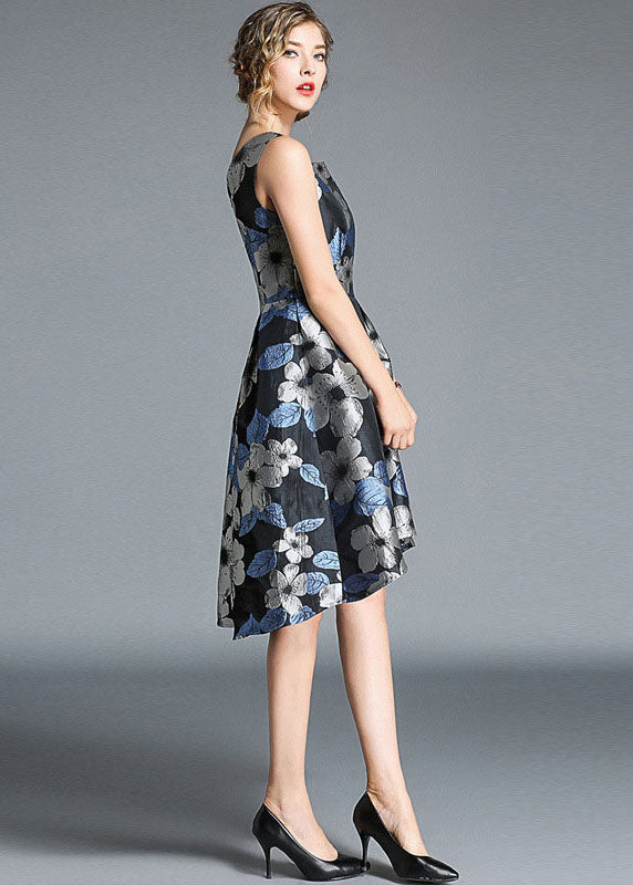 Blue O Neck Jacquard Patchwork Cotton Mid Dress Sleeveless