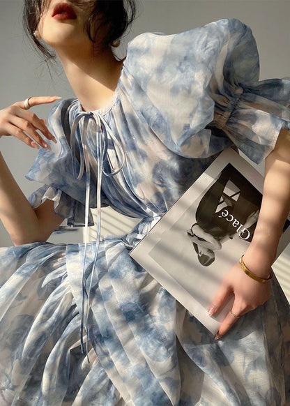 Blue O Neck Patchwork Print Chiffon Dresses Summer