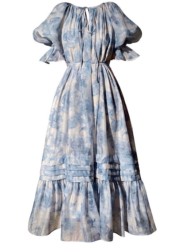Blue O Neck Patchwork Print Chiffon Dresses Summer