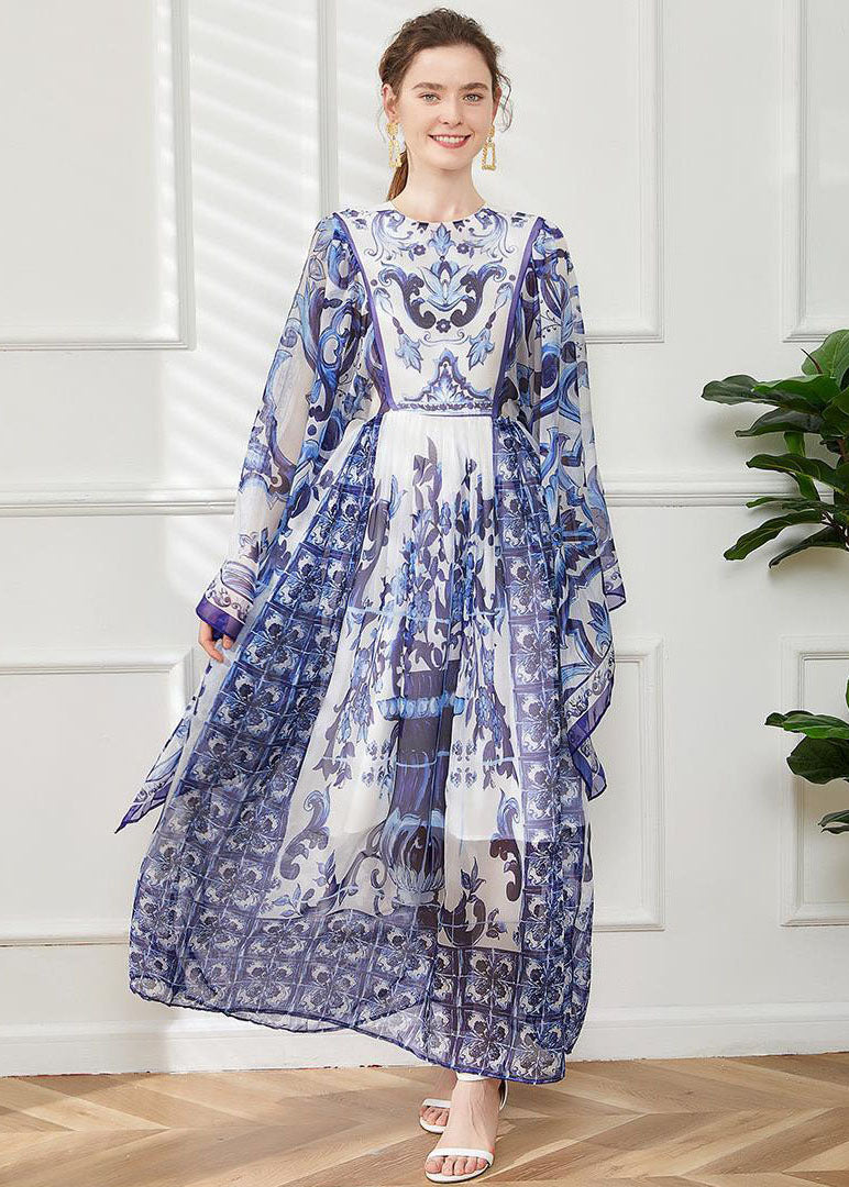 Blue O-neck Print Chiffon Maxi Dress Cloak Sleeves