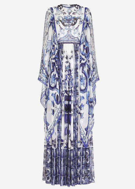 Blue O-neck Print Chiffon Maxi Dress Cloak Sleeves