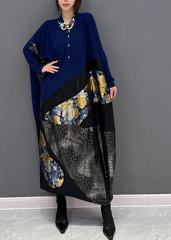 Blue O-neck Print Patchwork Button Long Dress Fall