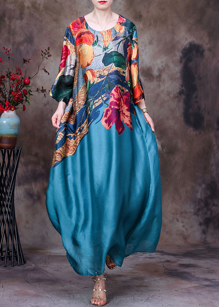 Blue O-neck Print Silk Party Dress Long Sleeve