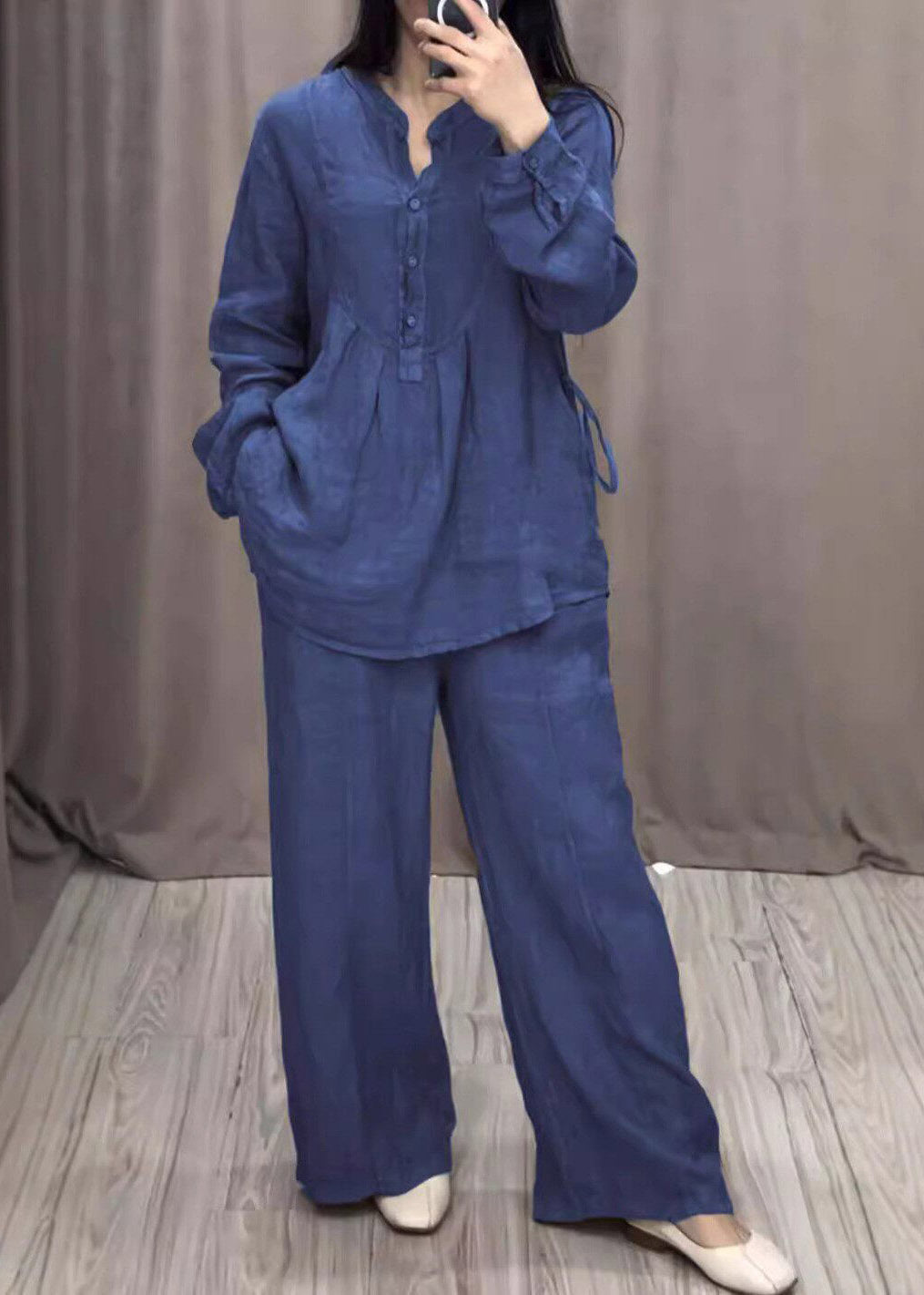 Blue O-neck Shirts and Wide Leg Pants Two Pieces Set Spring