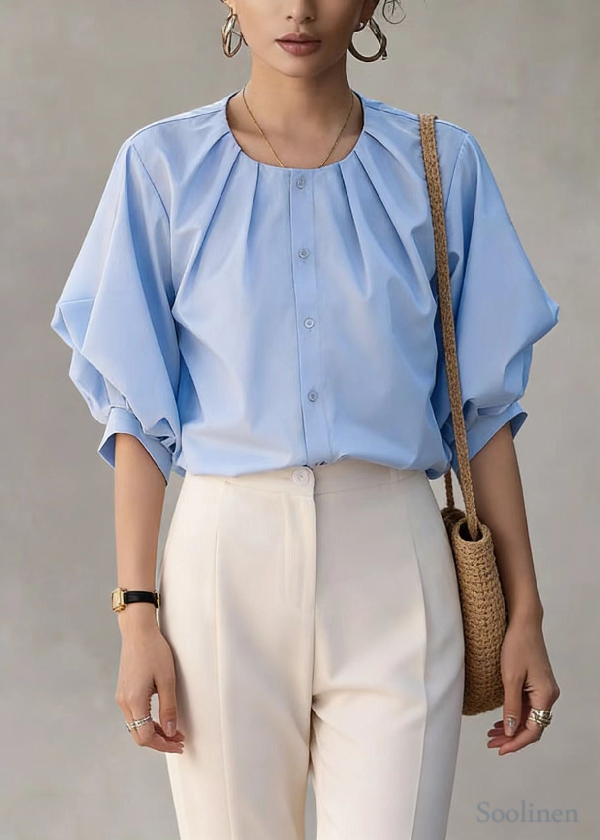 Blue O-neck Wrinkled Cotton Shirt Top Lantern Sleeve