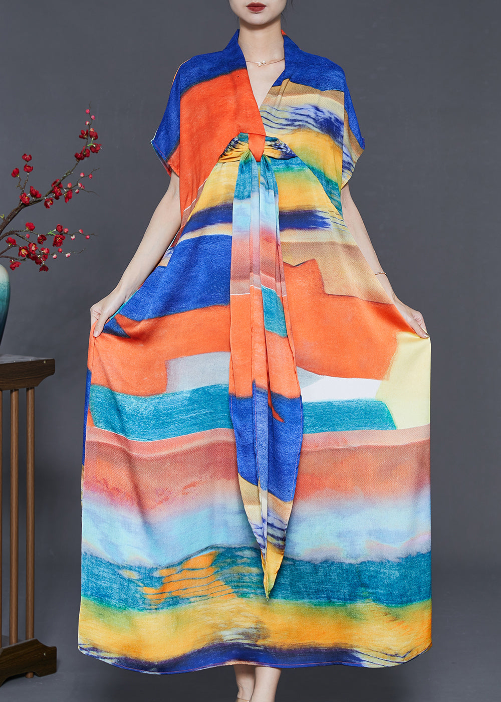 Blue Oversized Print Chiffon Beach Dress Summer