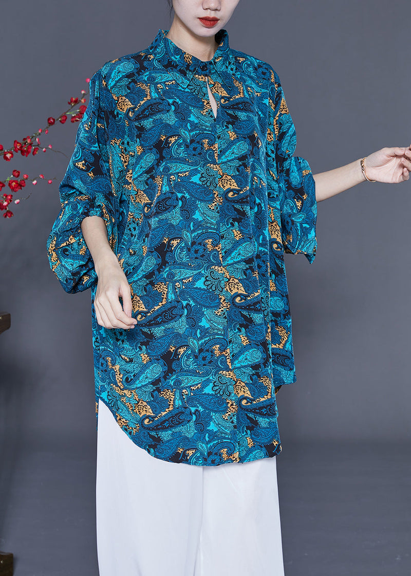 Blue Oversized Print Chiffon Shirt Summe