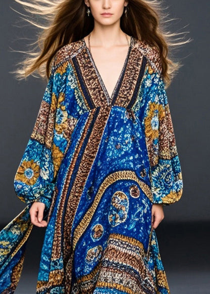 Blue Oversized Print Cotton Maxi Dresses Spring