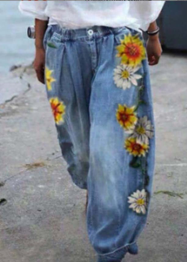 Blue Oversized Sunflower Print Denim Harem Pants Summer