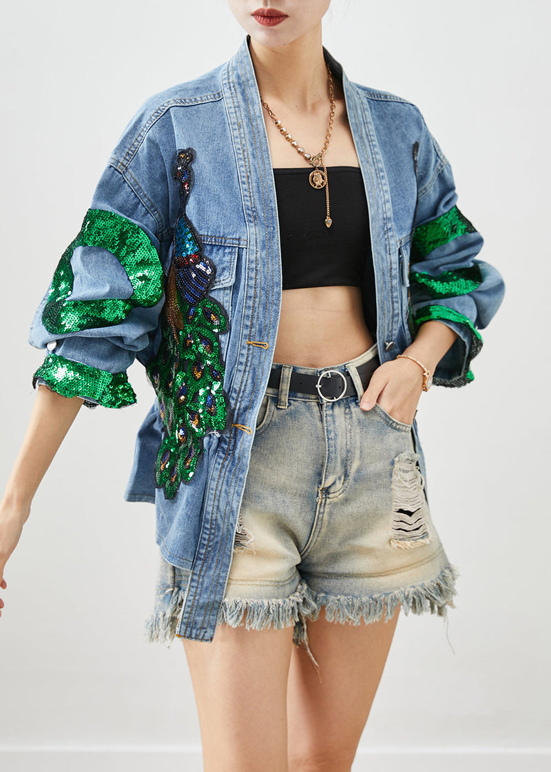 Blue Peacock Sequins Elastic Waist Denim Coats Fall