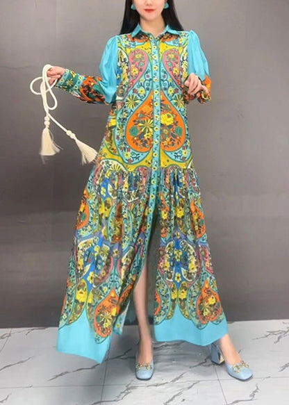 Blue Peter Pan Collar Button Print Cotton Long Dress Fall