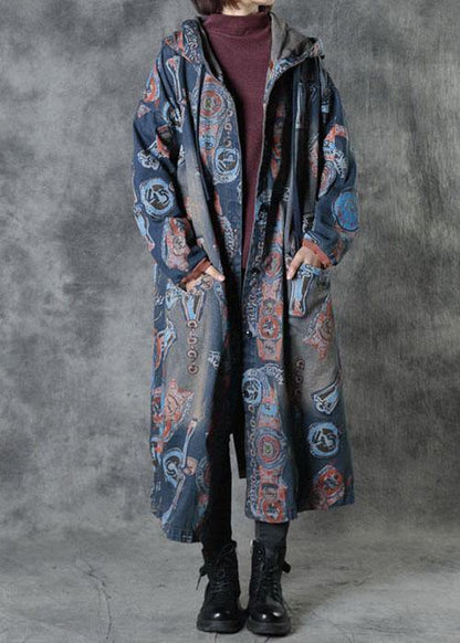 Blue Pockets Fall Button Hoodies Outwear Long Sleeve