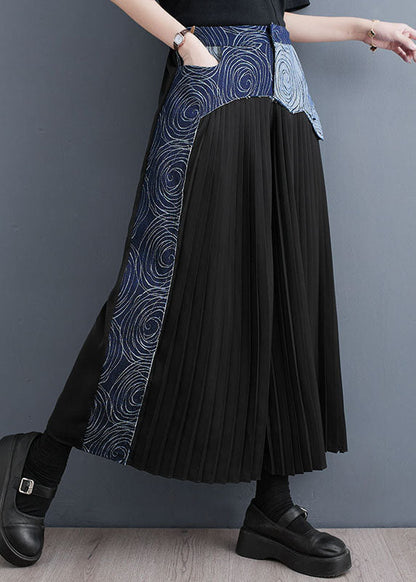 Blue Pockets Wrinkled Denim Patchwork Cotton Wide Leg Pants Skirt Summer