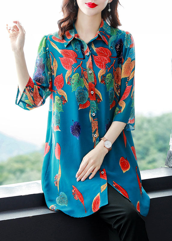 Blue Print Button Patchwork Chiffon Shirts Tops Bracelet Sleeve