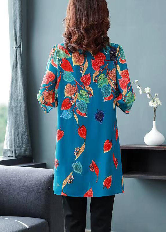 Blue Print Button Patchwork Chiffon Shirts Tops Bracelet Sleeve