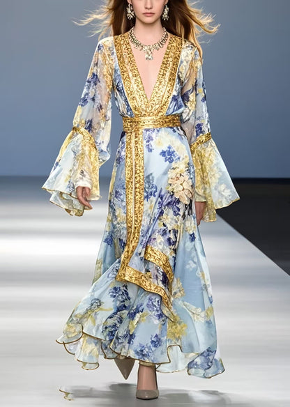 Blue Print Patchwork Chiffon Holiday Dress Flare Sleeve