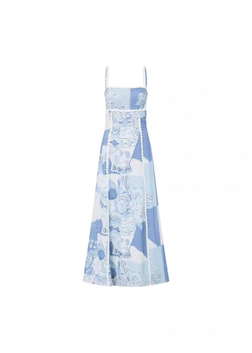 Blue Print Patchwork Long Spaghetti Strap Dress Summer