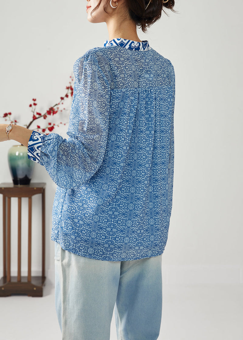 Blue Print Patchwork Wrinkled Chiffon Blouses Spring