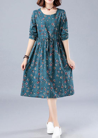 Blue Print Robes O Neck Drawstring Daily Spring Dresses
