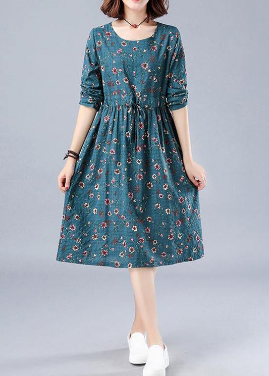 Blue Print Robes O Neck Drawstring Daily Spring Dresses