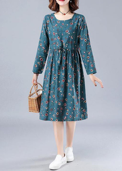 Blue Print Robes O Neck Drawstring Daily Spring Dresses