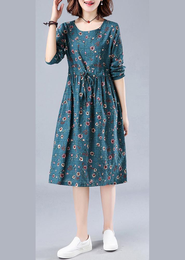 Blue Print Robes O Neck Drawstring Daily Spring Dresses