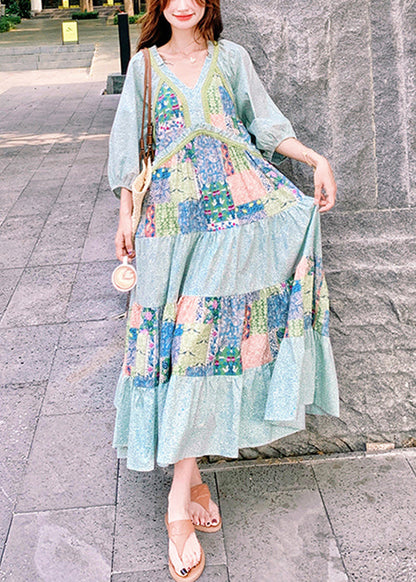 Blue Print Side Open Patchwork Cotton Maxi Dresses Half Sleeve