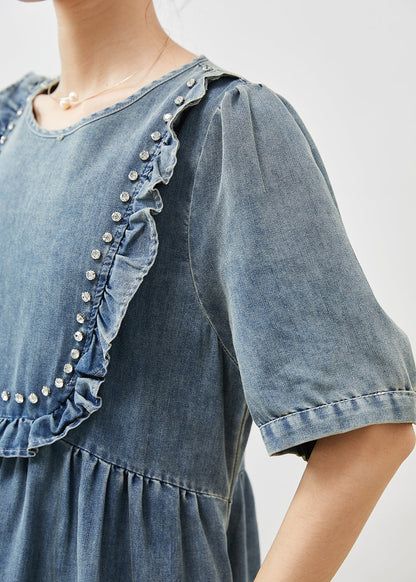 Blue Ruffled Nail Bead Denim Dresses Summer