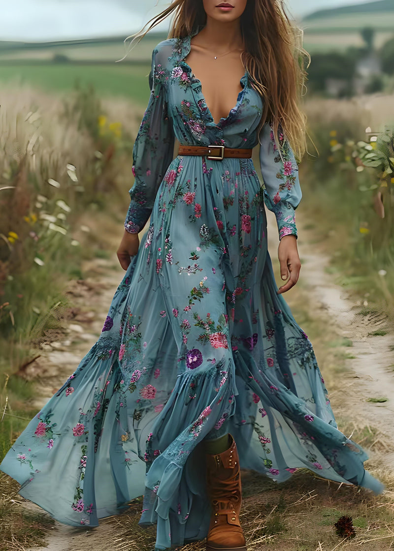 Blue Ruffled Print Patchwork Chiffon Long Dress Spring