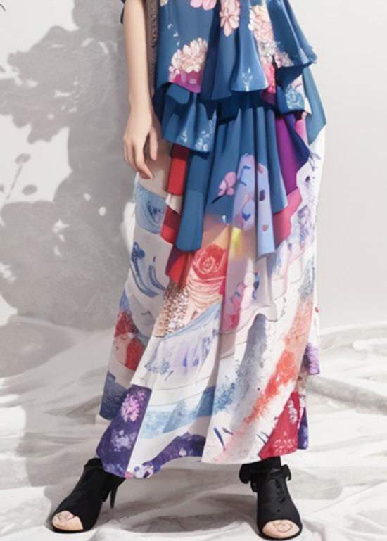 Blue Ruffled Print Patchwork Silk Long Dresses Summer