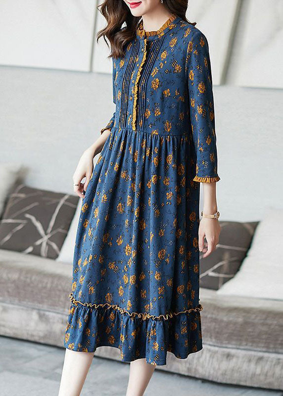 Blue Ruffled Print Wrinkled Cotton Dress Bracelet Sleeve