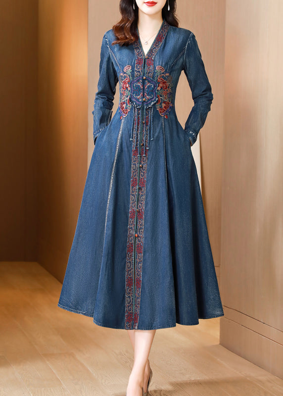 Blue V Neck Embroidered Patchwork Denim Dresses Fall