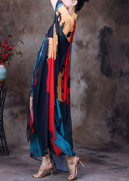 Blue V Neck Print Chiffon Beach Dresses Short Sleeve