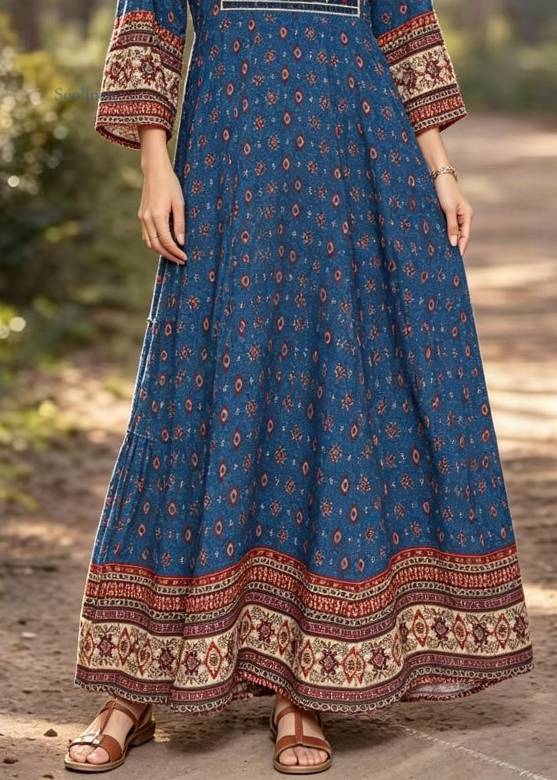 Blue V Neck Print Cotton Long Dress Summer