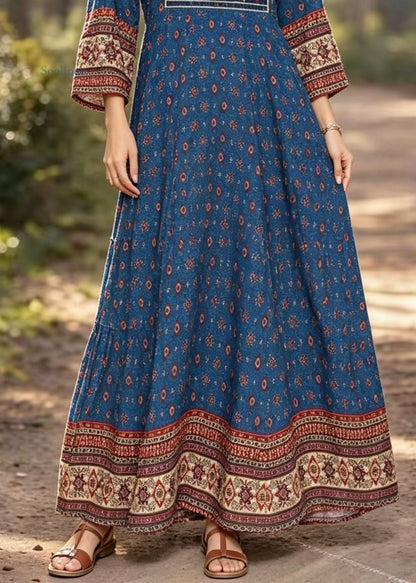 Blue V Neck Print Cotton Long Dress Summer