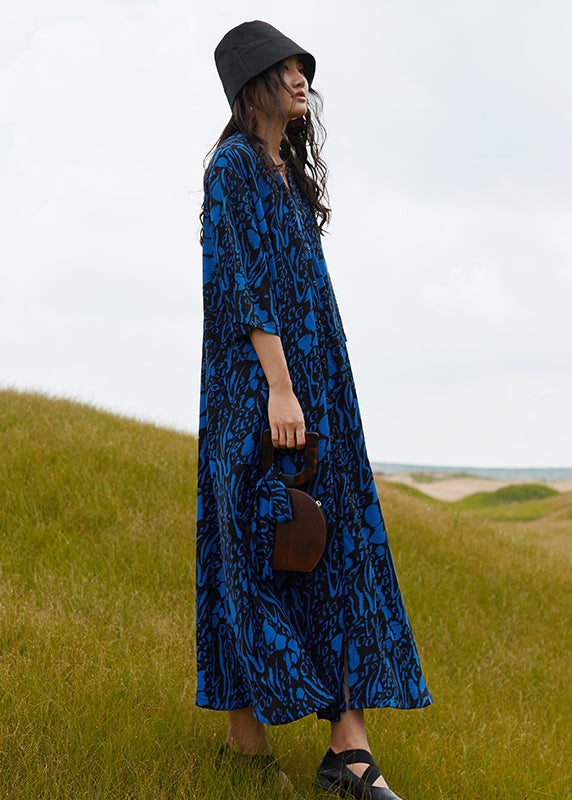 Blue V Neck Print Cotton Robe Dresses Summer