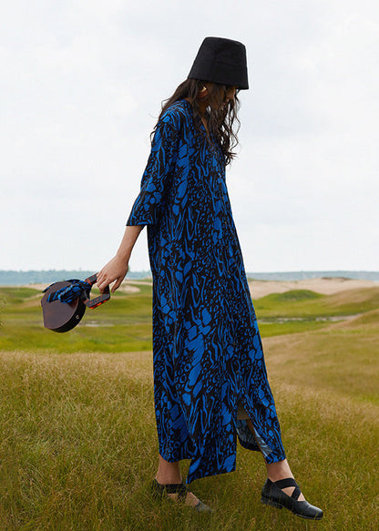 Blue V Neck Print Cotton Robe Dresses Summer