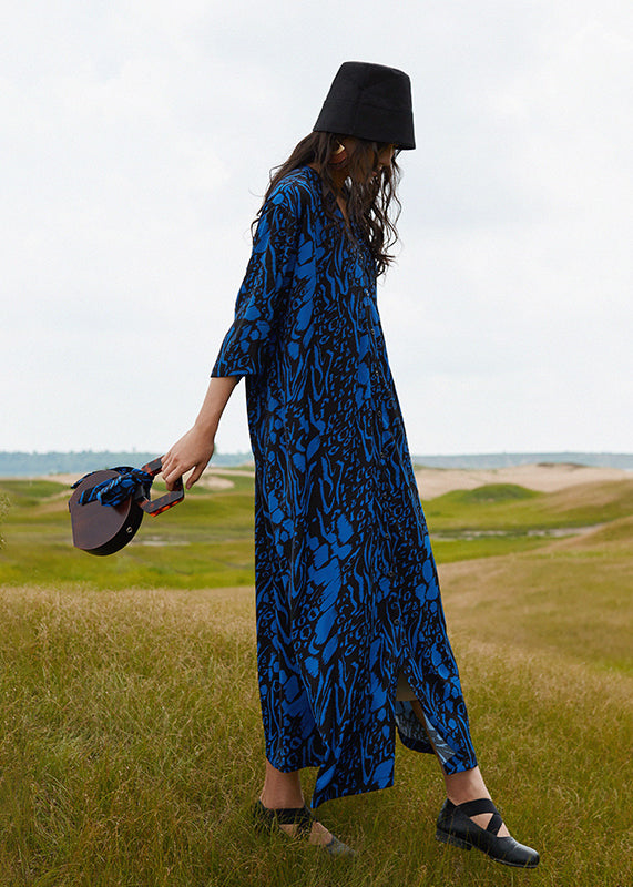 Blue V Neck Print Cotton Robe Dresses Summer