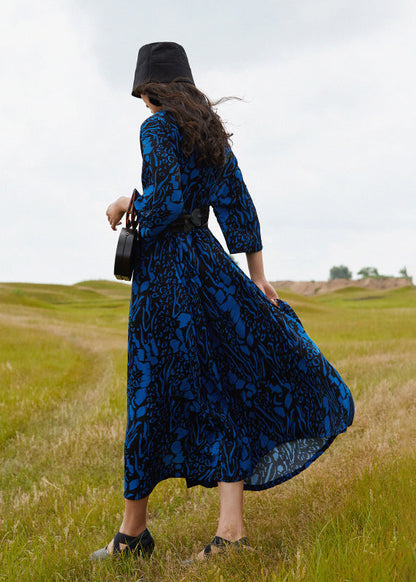 Blue V Neck Print Cotton Robe Dresses Summer