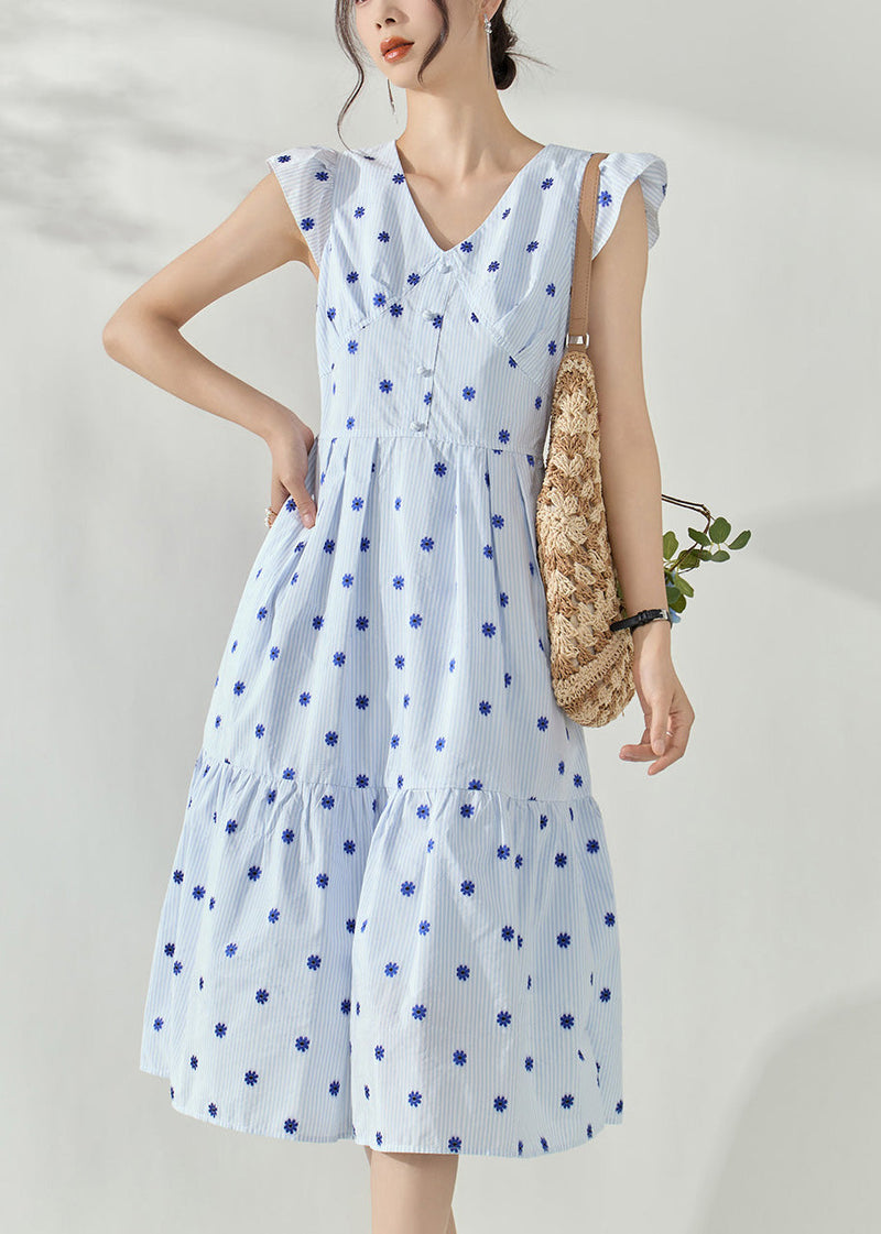 Blue V Neck Print Tunic Maxi Dresses Summer